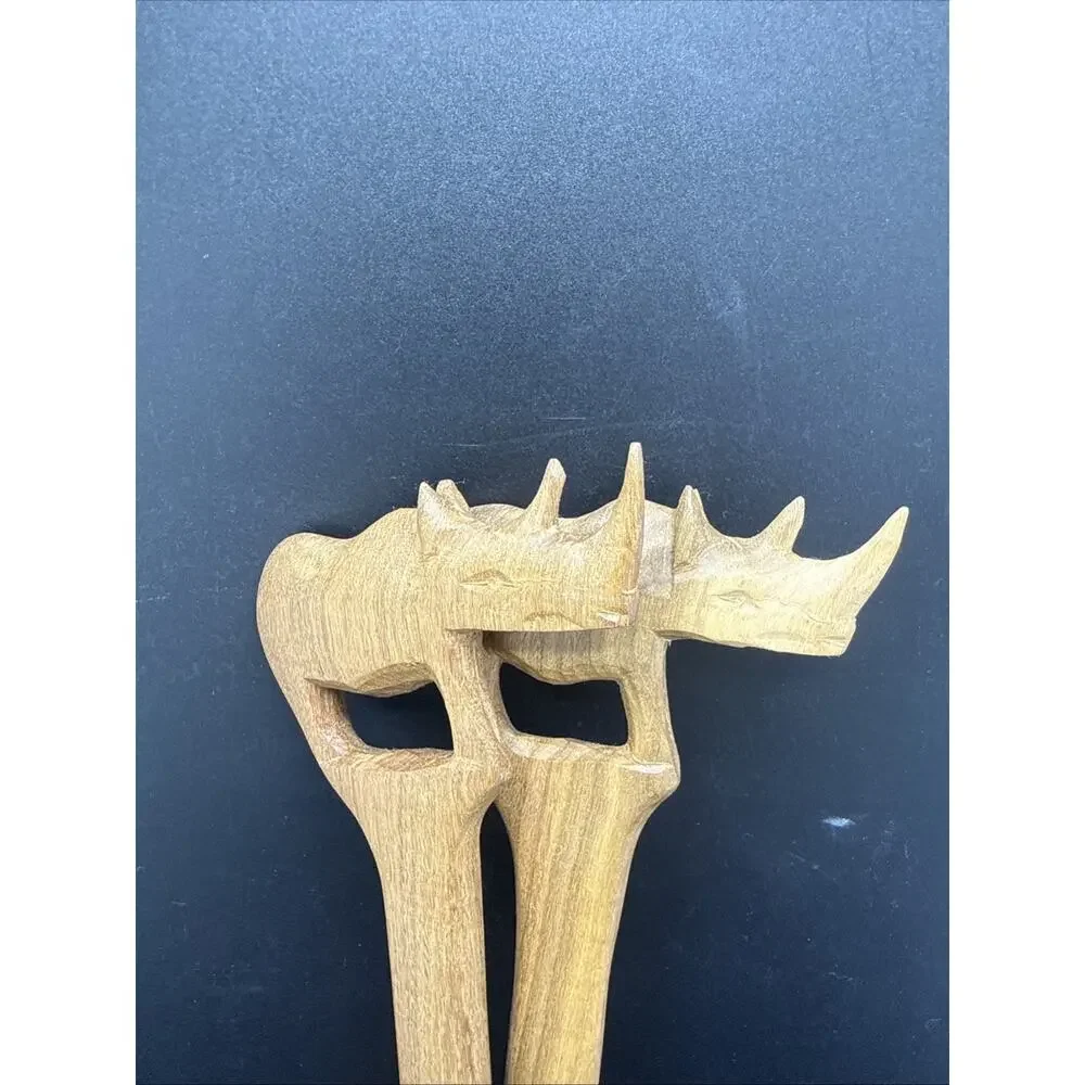 Vintage Hand Carved Wooden Rhinoceros Salad Serving Spoon Fork Teak Wood Set